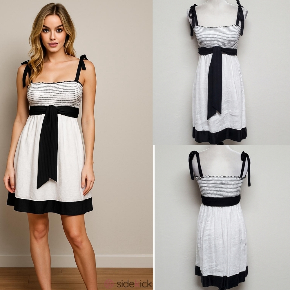 BeBe Vintage Black Silk White Linen Smocked Tie Shoulder Mini Babydoll Dress XS